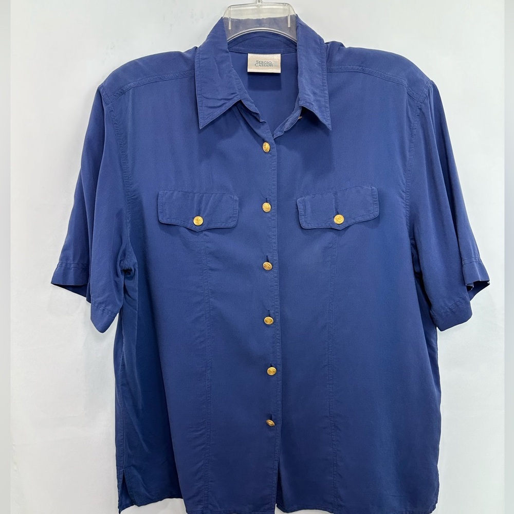 Vintage Sergio Cassani Blue Golden Button Shirt padded shoulders